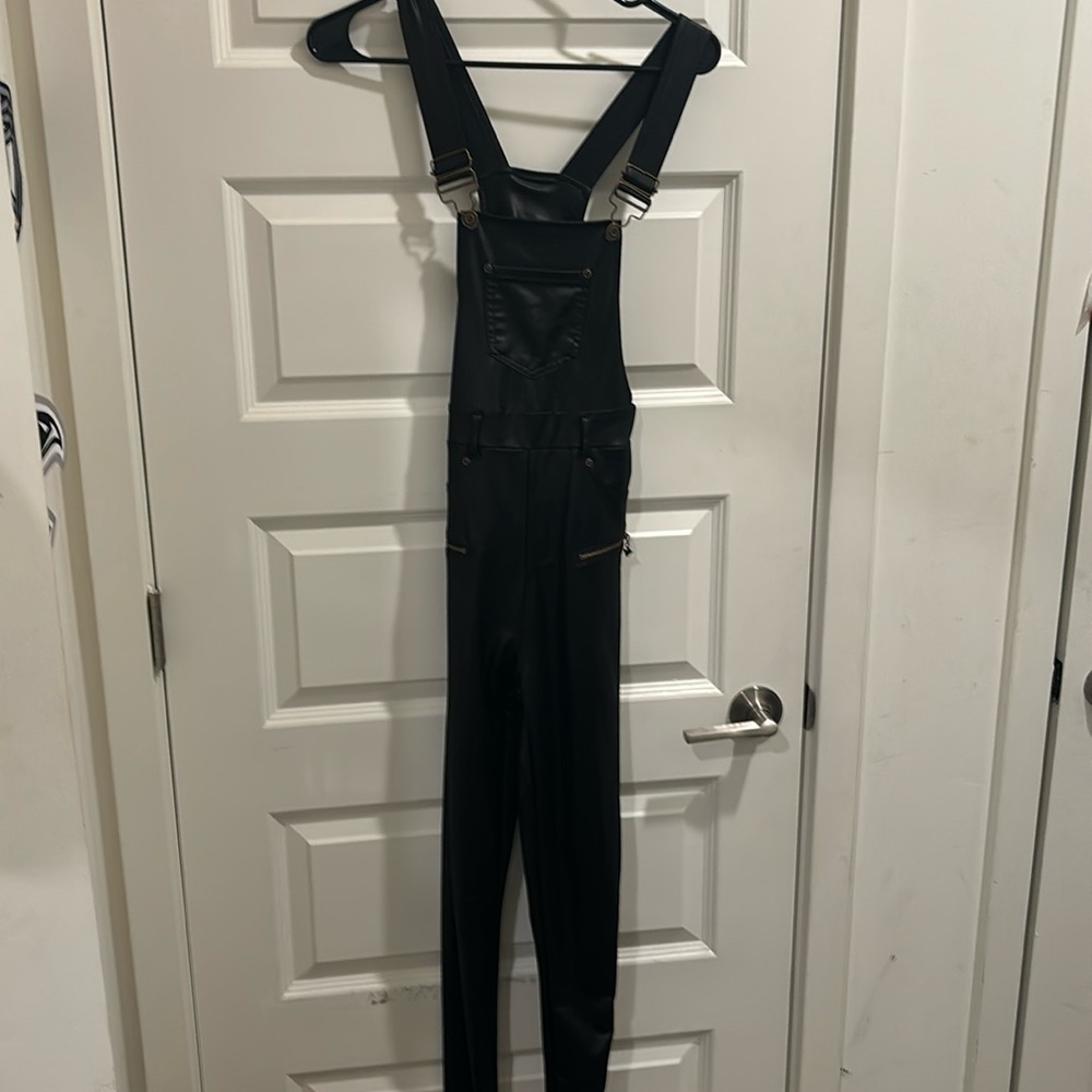 Faux leather overalls